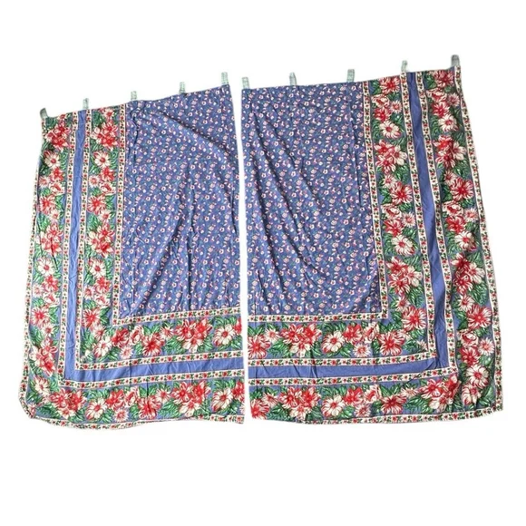 April Cornell Curtains Red Floral on Blue 4 Panels Farmhouse Cottage 35 X 51